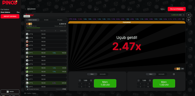 Pinco Casino Aviator oynayın və real pul qazanın
